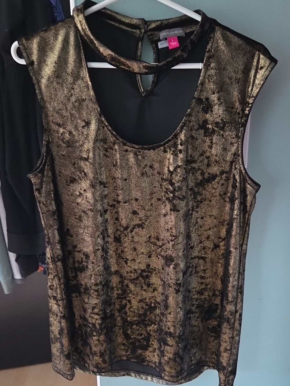 Vince Camuto Metallic Bronze Velvet Keyhole Tank